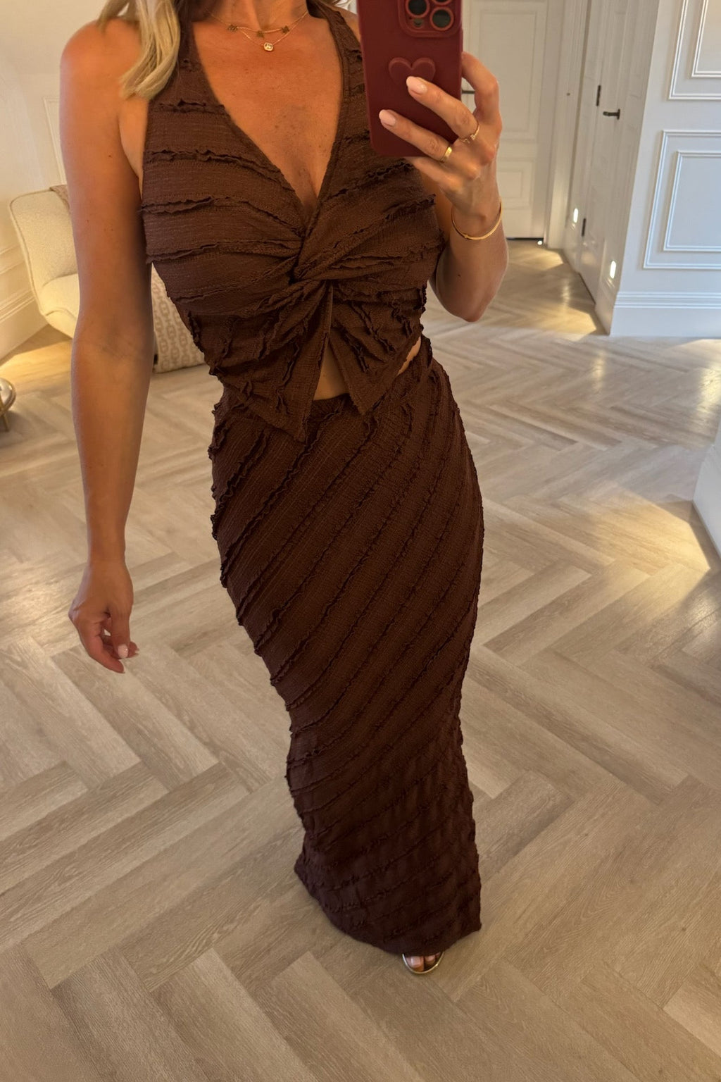 BROWN STRETCH LACE MAXI SKIRT CO-ORD